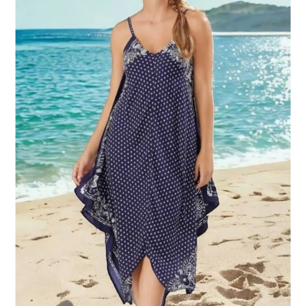Tommy Bahama Island Scarf Dress S/M Blue Paisley Handkerchief Hem Slip Beach